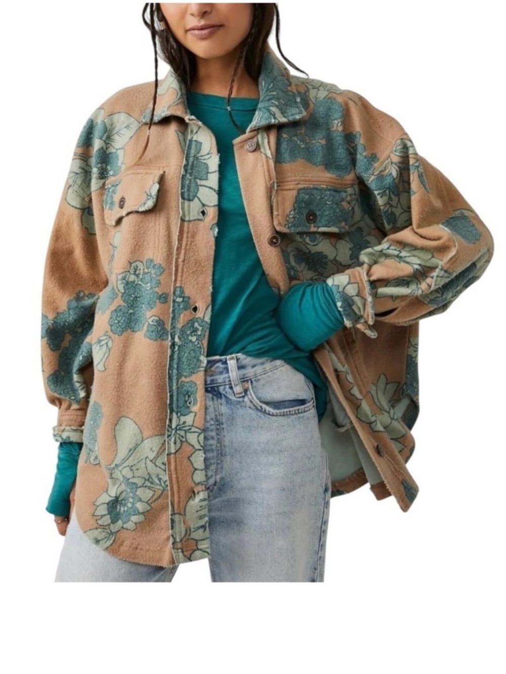 Free People Floral Oversized Ruby Shirt Jacket Button Down Streetwear Style